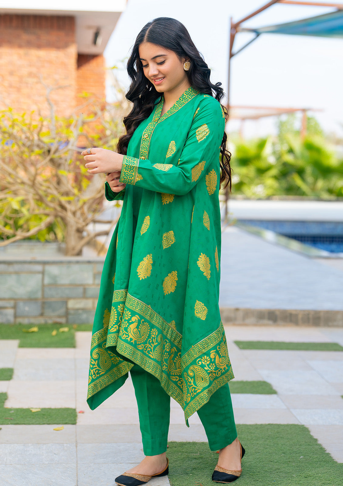 JK-PRT-004, 3 Pcs Suit, ALL OVER gold PRINTED Frock and Trouser with duppata