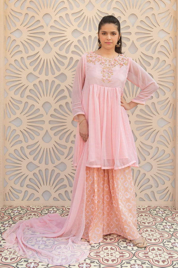 Ochre Clothing Girls Full Suits Chiffon Hand Adda Work 3 Pc Suit