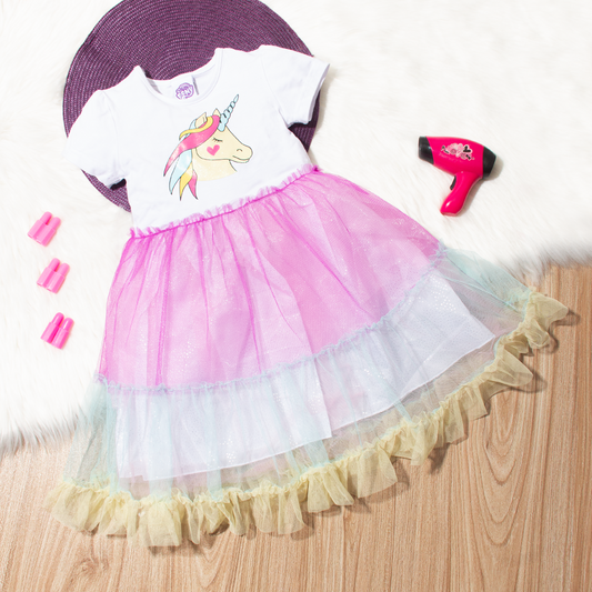 Girl Unicorn Print Multi Fancy Frock
