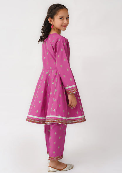 K-SFC-017, TABLE PRINT ANGRAKHA FROCK AND STRAIGHT TROUSER, 2PCS