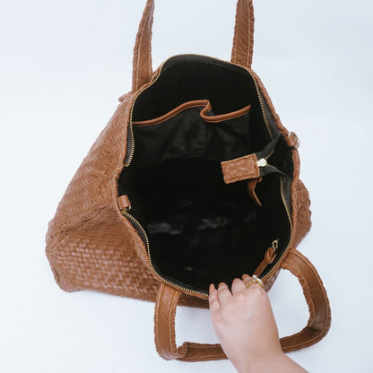 Handmade Woven Original Leather Bag With Zipper-Tan Brown