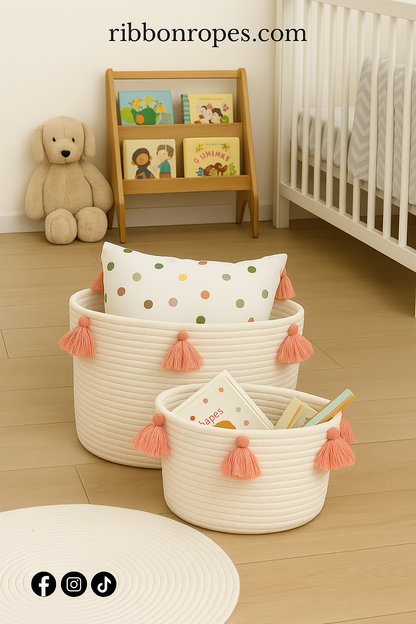 Round Cotton Rope Basket with Pink Tassels –Decorative Storage for Kids’ Rooms