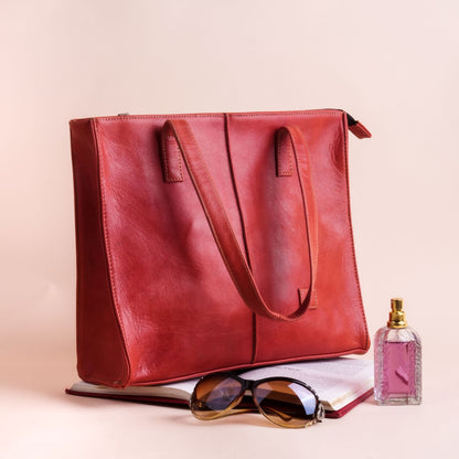 Everyday Women's Leather Zipper Tote Bag-Candy Red