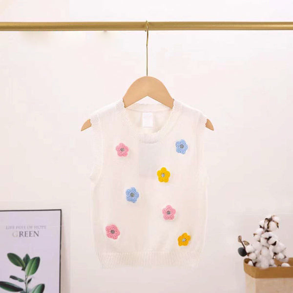 Girl White Multi Flowers Sleeveless Sweater