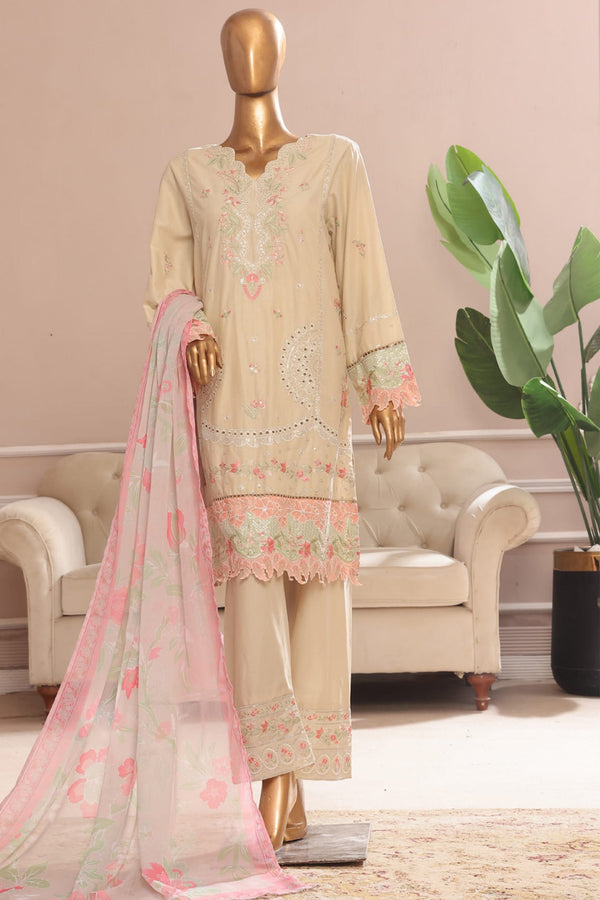 Bin Saeed Stitched 3 Piece Plain Cotton with Emb Trouser Collection'2025-SMPC-1972-Skin