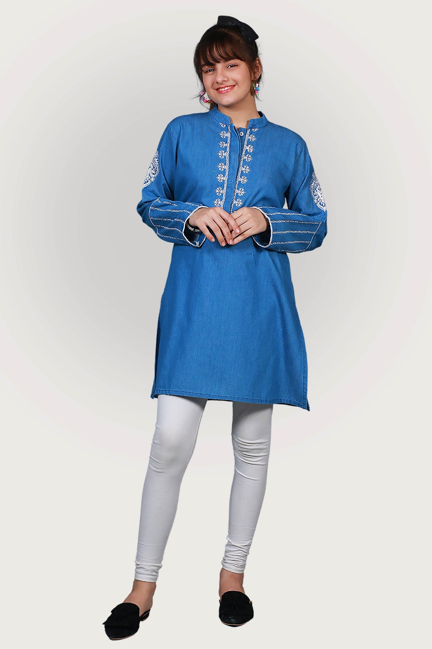 JEANS TENSILE EMBROIDRED FROCK SKU: KHW-0026