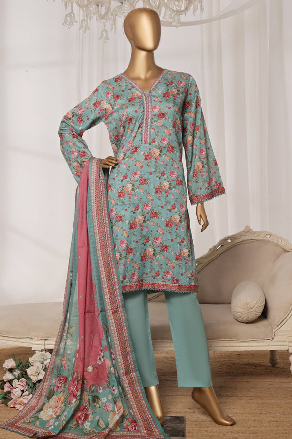 Bin Saeed Stitched 3 Piece Exc Printed Lawn Vol-03 Drop-02 Collection'2025-NSM-2323-Green