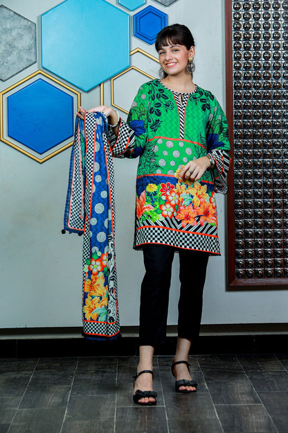 3PCS-072 Digital Printed Lawn Shirt, Dupatta & Cotton Trouser