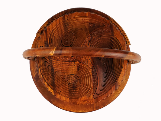 Vintage Hand Carved Wooden Collapsible Fruit Basket Heart Shaped 12" Diameter