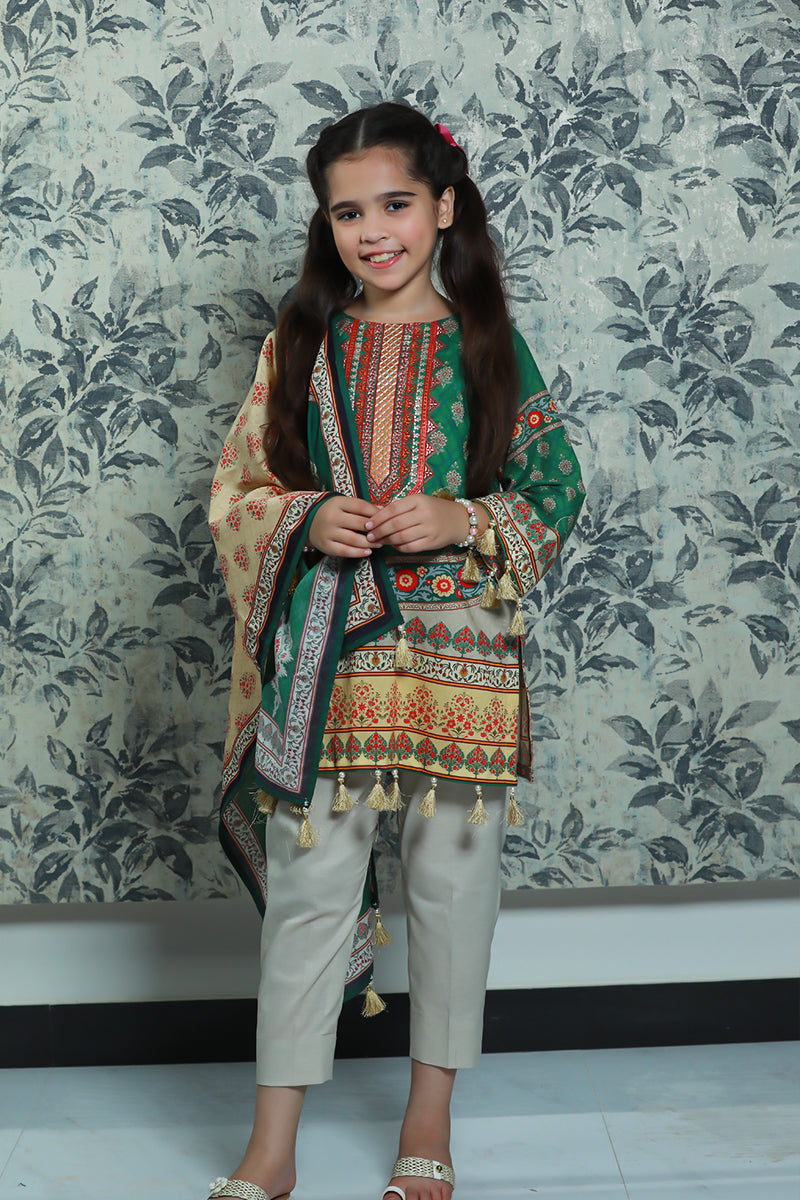 3PCS-077 Digital Printed Embroidered Lawn Shirt, Dupatta & Cotton Trouser