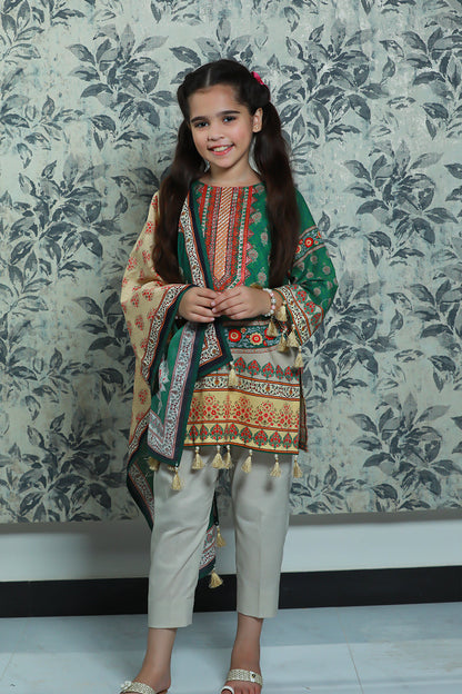 3PCS-077 Digital Printed Embroidered Lawn Shirt, Dupatta & Cotton Trouser