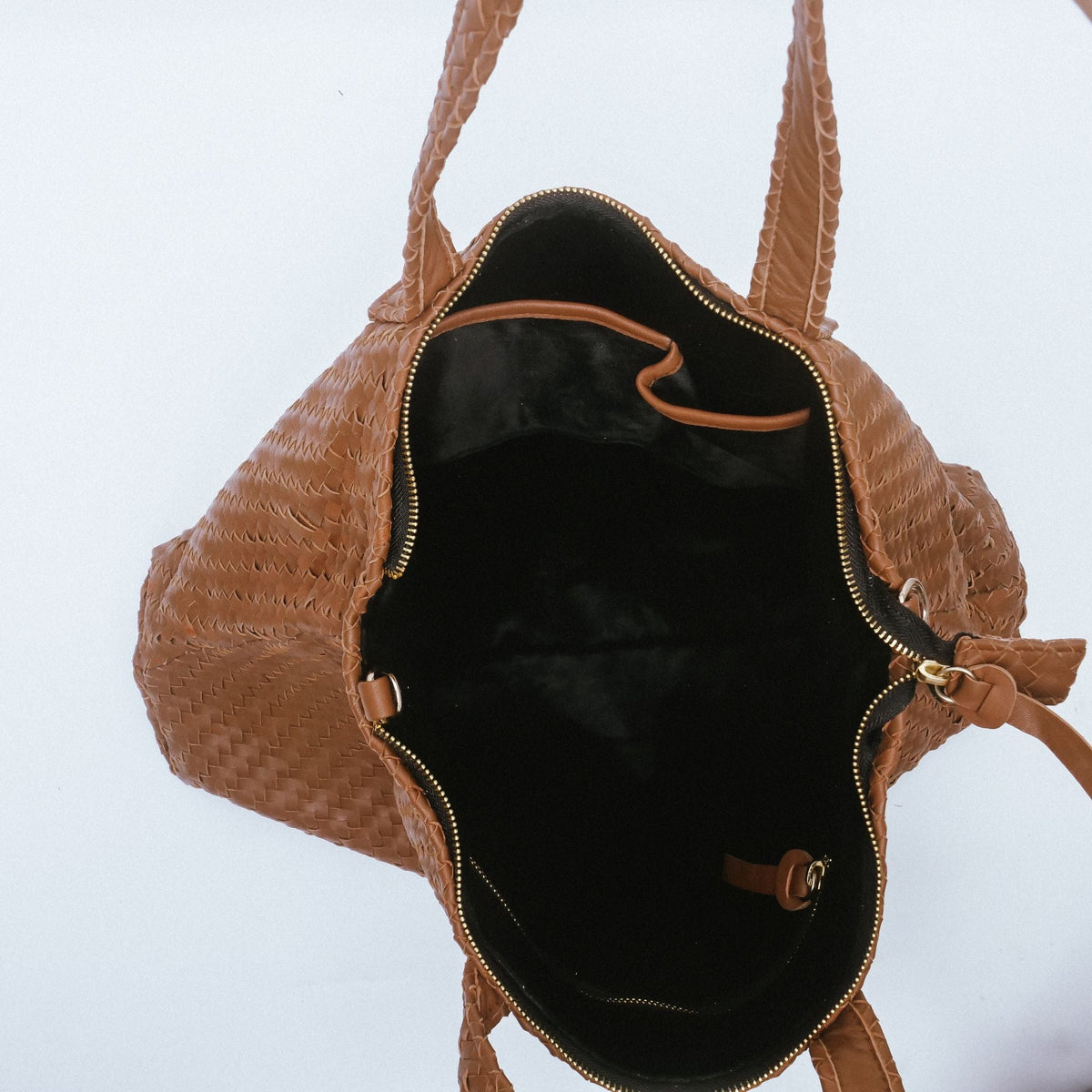 Handmade Woven Original Leather Bag With Zipper-Tan Brown