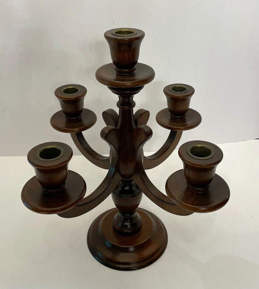 Vintage Mid-Century Modern Retro Style Dark Wood 5 Candle 4 Arm Candleabra