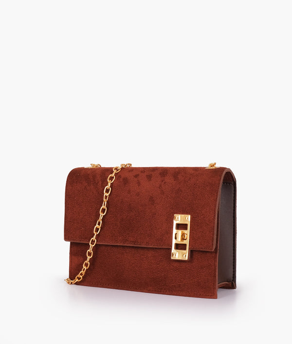 RTW Creation - Dark brown suede chain shoulder bag with twist lock