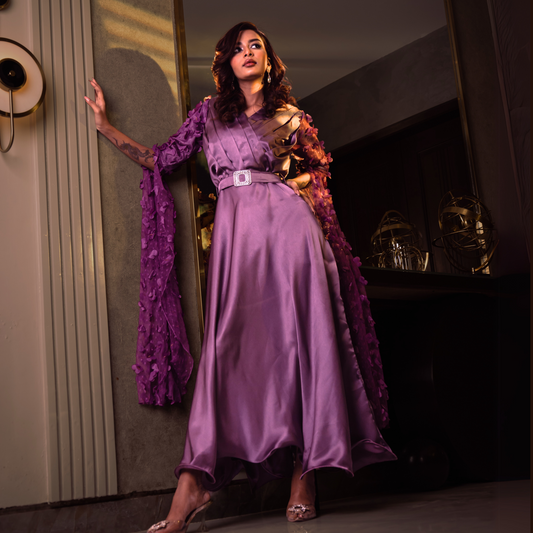 Lilac Enchantment  A Maxi Gown With Elegant 3D Butterfly Sleeves - Made To Order