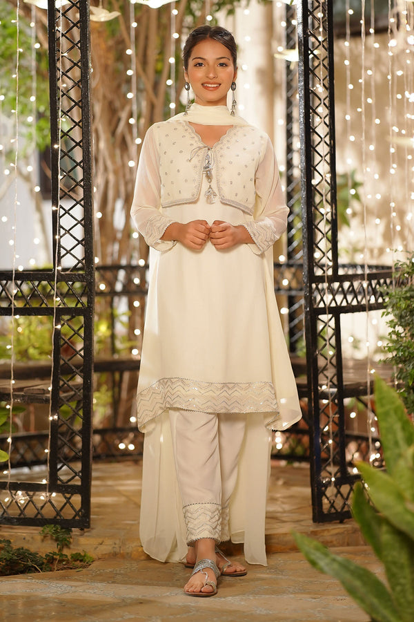 Ochre Clothing Girls Full Suits Chiffon Embroidered 3 Pc Suit