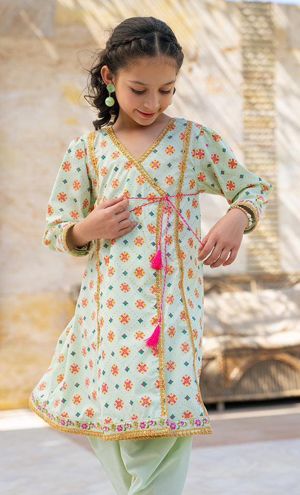 K-SFC-019,  TABLE PRINT ANGRAKHA FROCK WITH THE PAIR OF TULIP