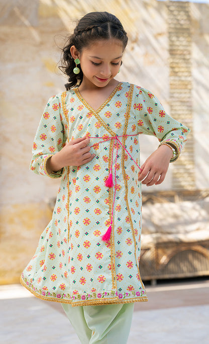 K-SFC-019,  TABLE PRINT ANGRAKHA FROCK WITH THE PAIR OF TULIP