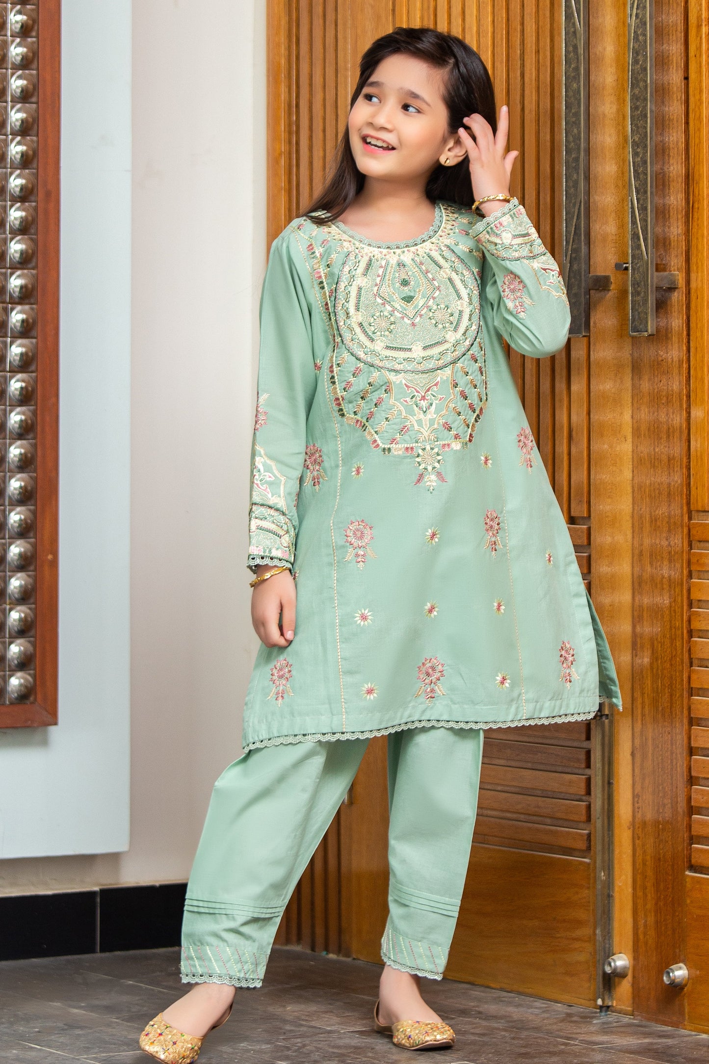 2PCS-055, Apple green cotton lawn 2 pc dress with light multi color embroidery