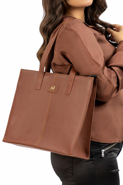 Everyday Women's Leather Zipper Tote Bag-Tan Brown