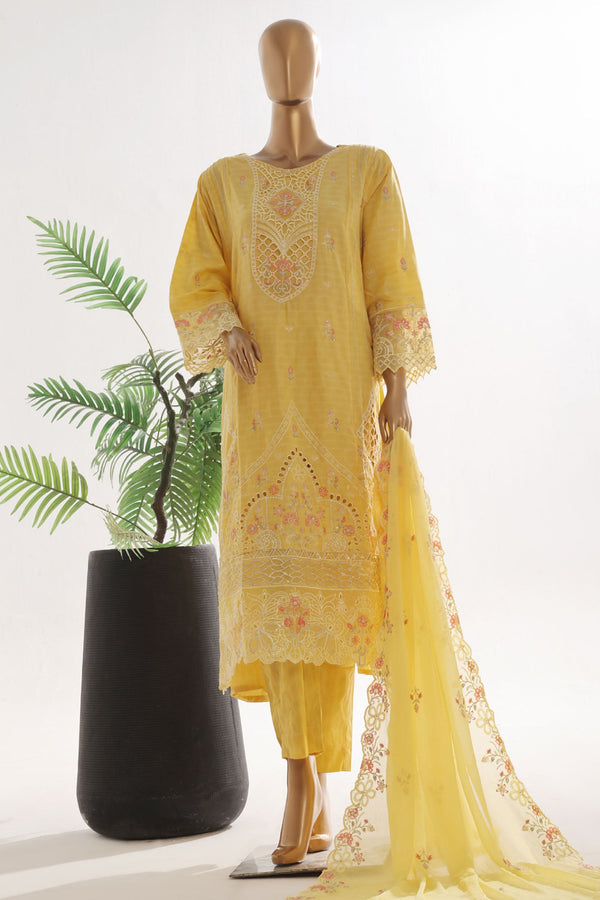 Bin Saeed Stitched 3 Piece Luxury Self & Self Frock Collection-SMK-1594-Yellow