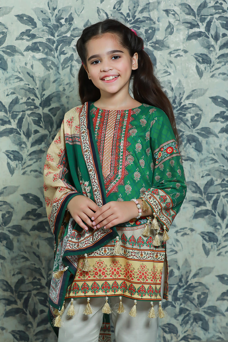 3PCS-077 Digital Printed Embroidered Lawn Shirt, Dupatta & Cotton Trouser
