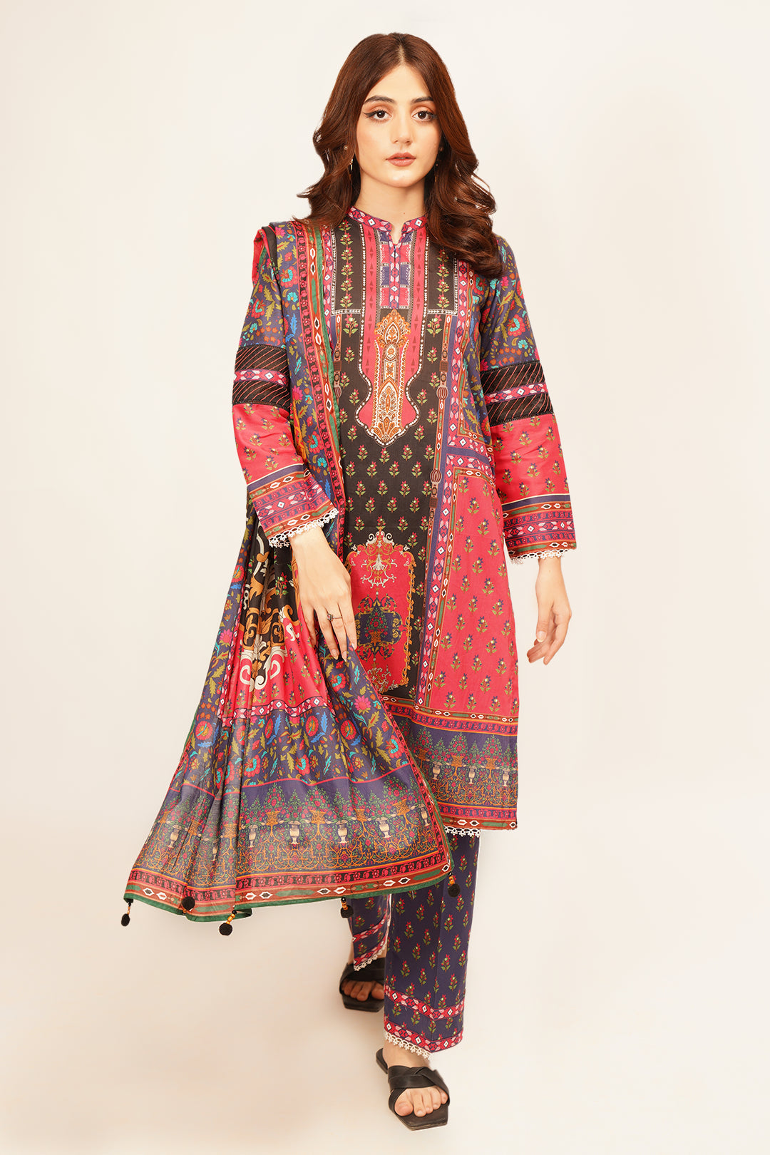 3Pcs Digital Printed Suit in Deep Coffee SKU: UN-003