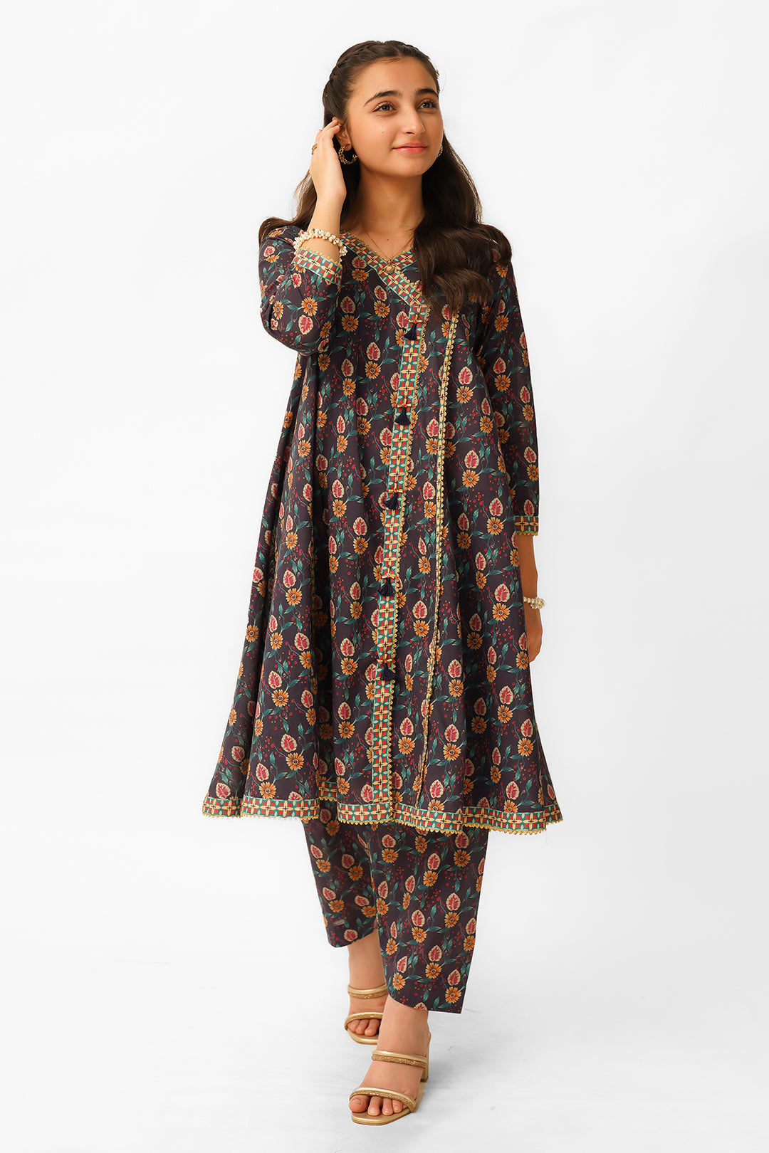 T-ALPRTW-034, Lawn printed Angrakha style frock with the pear of shalwer