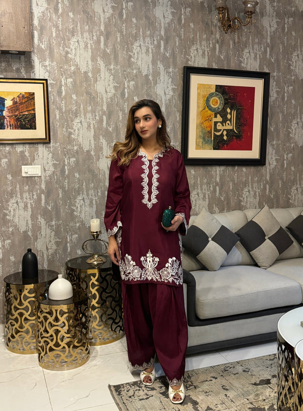 Manahils Stitched Burgundy Embroidery Farshi Shalwar Set
