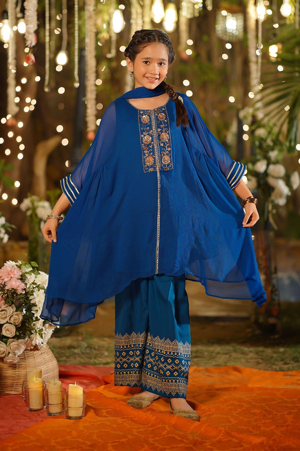 Ochre Clothing Girls Full Suits Chiffon Hand Adda Work 3 Pc Suit