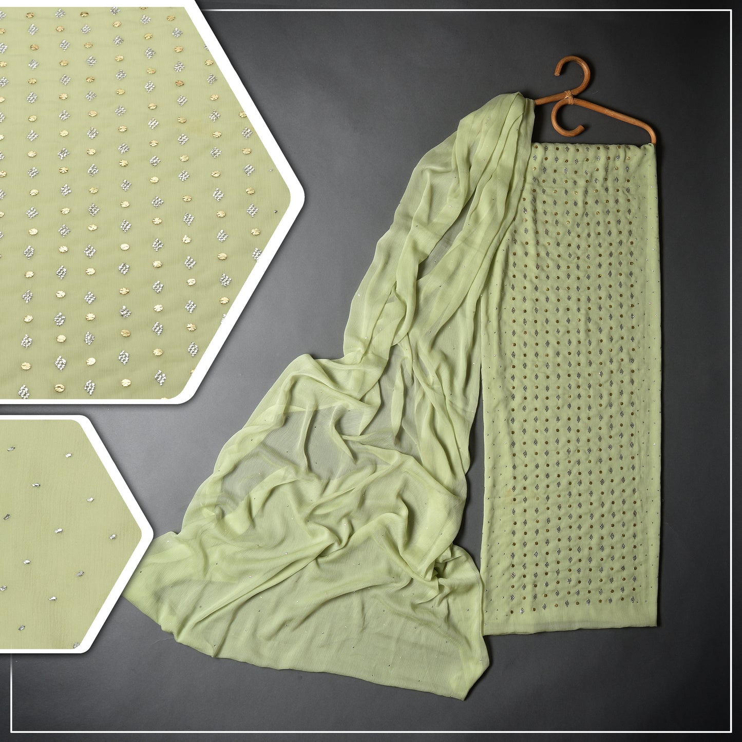 Elegant Chiffon with Mukesh embroidoyr women's wear, that meke you feel like royalty with intricate details of traditional Multani Art.-Pistachio