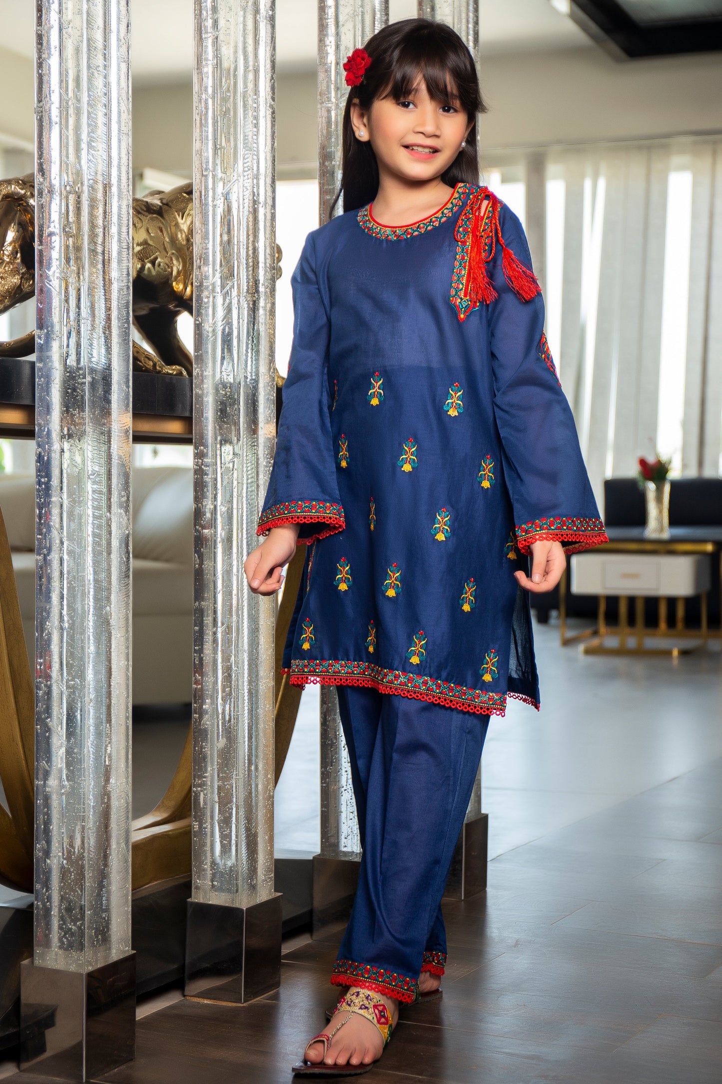 2 PCS-053, Blue Cotton Lawn Dress, with Embroidered combination of Red