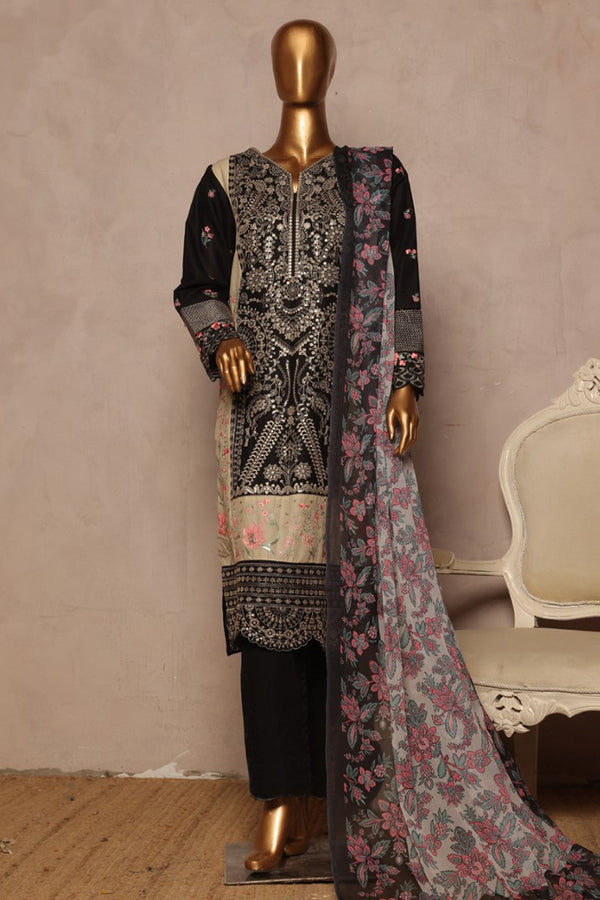Bin Saeed Stitched 3 Piece Luxury Plain Cotton With Chiffon Dupatta Collection'2025-SMPC-1874-Black