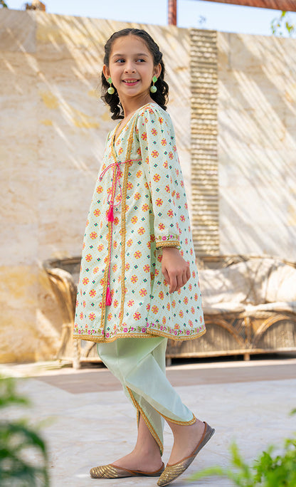 K-SFC-019,  TABLE PRINT ANGRAKHA FROCK WITH THE PAIR OF TULIP