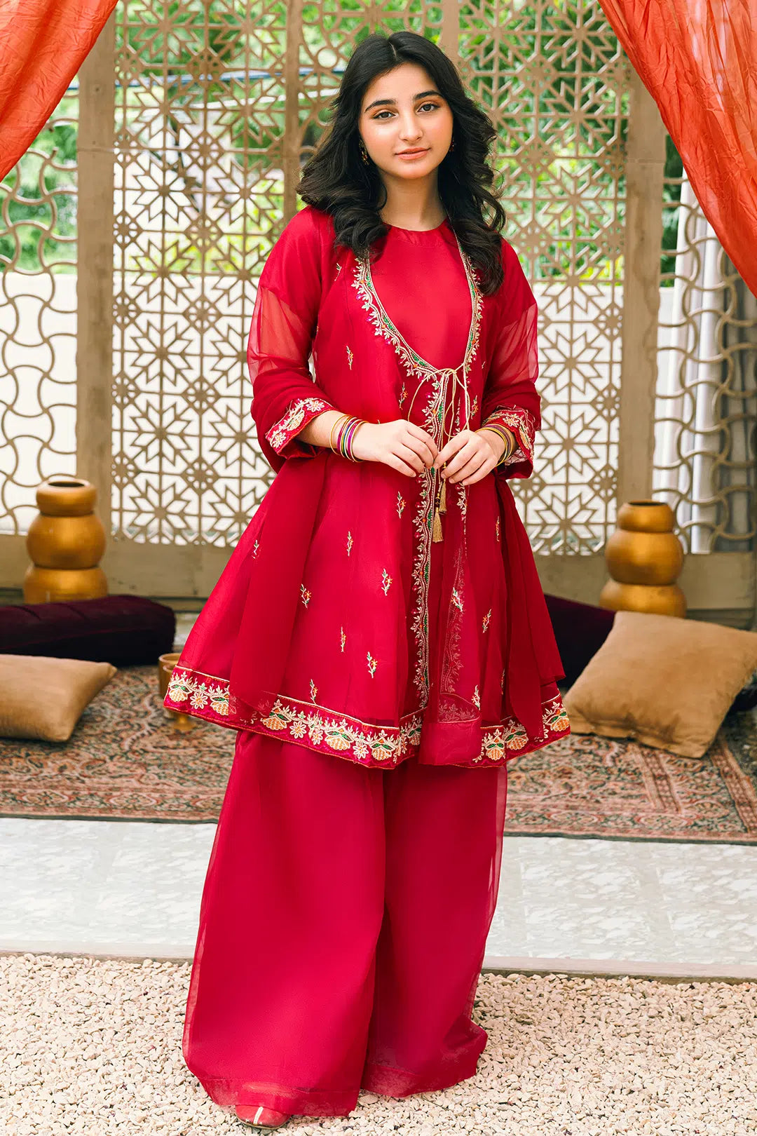 Red Embroidered Angrakha 3 Piece Suit /Organza Fabric SKU:  RTWFDS-014
