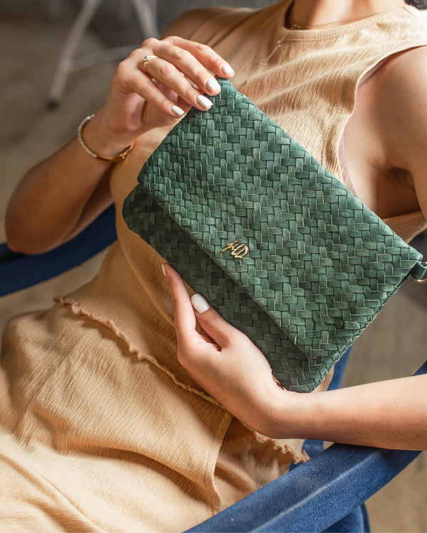 Woven Dreams Fold Over Cross Body Leather Clutch- Zipper