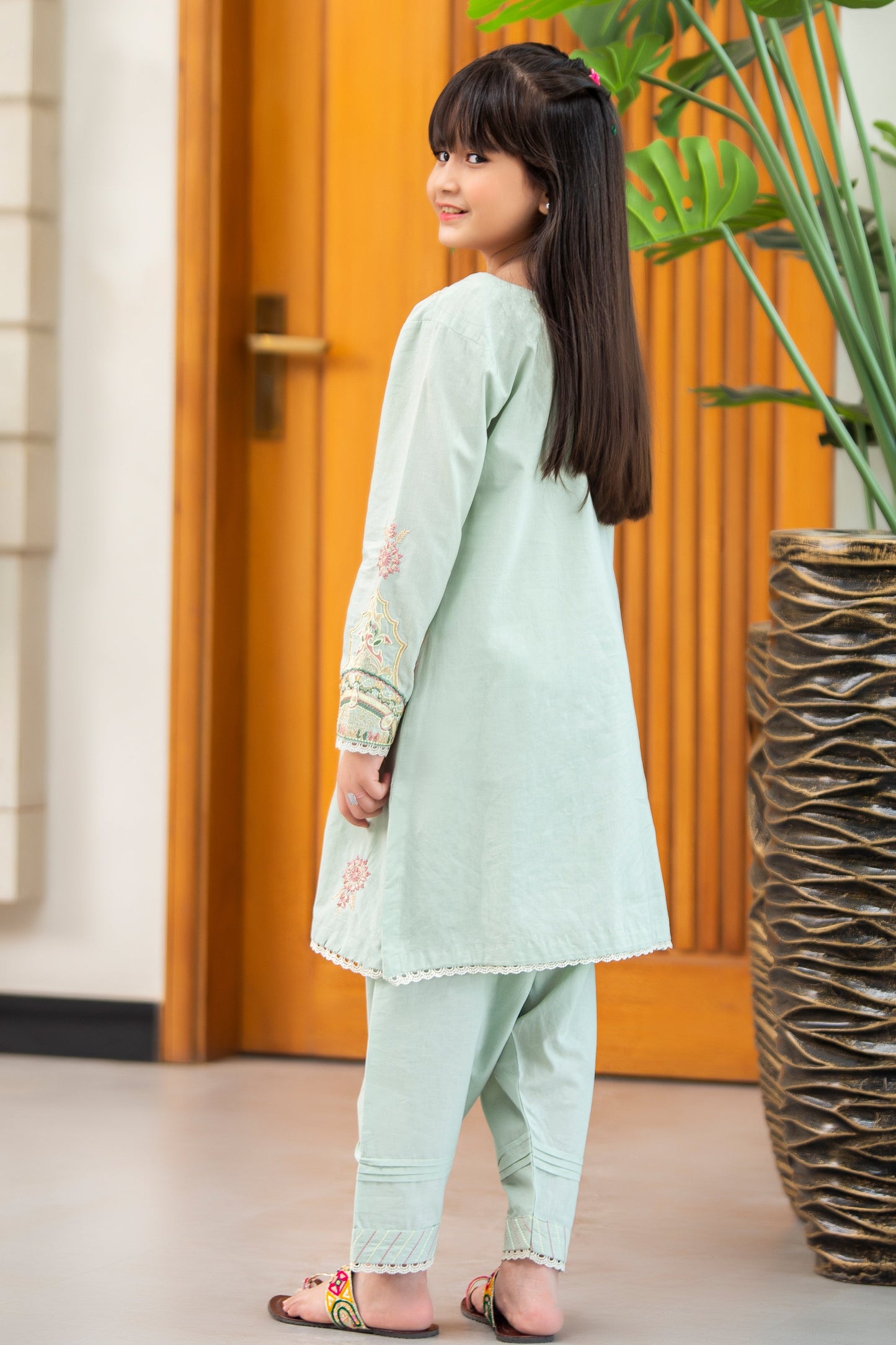 2PCS-055, Light green cotton lawn 2 pc dress with light multi color embroidery