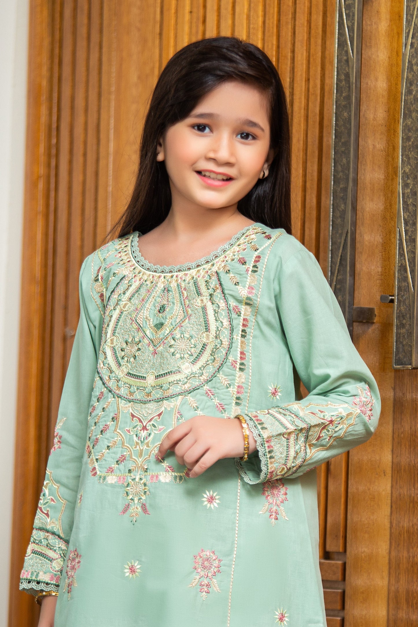 2PCS-055, Apple green cotton lawn 2 pc dress with light multi color embroidery