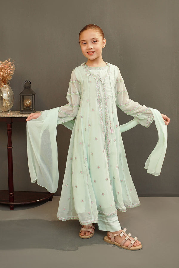 Ochre Clothing Girls Full Suits Chiffon Embroidered 3 Pc Suit