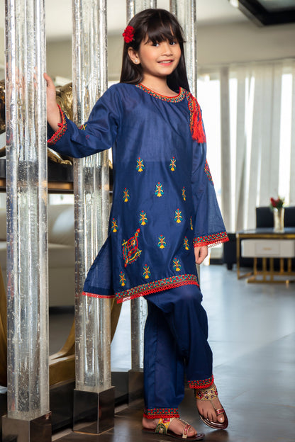 2 PCS-053, Blue Cotton Lawn Dress, with Embroidered combination of Red