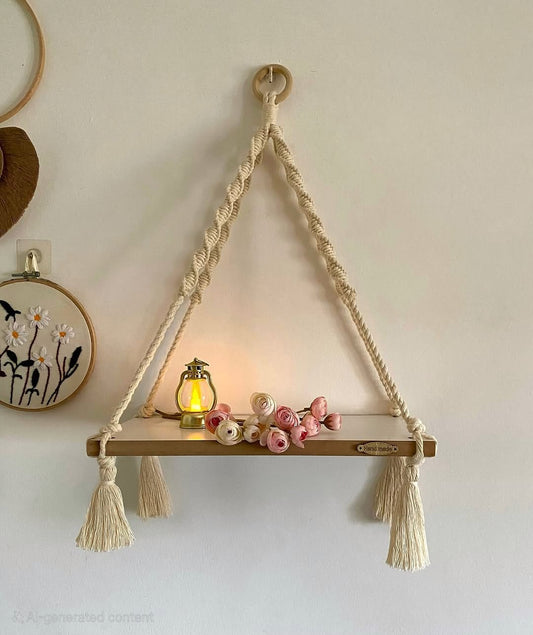Handmade Macrame Wooden Shelf – Boho Wall Hanging Shelf