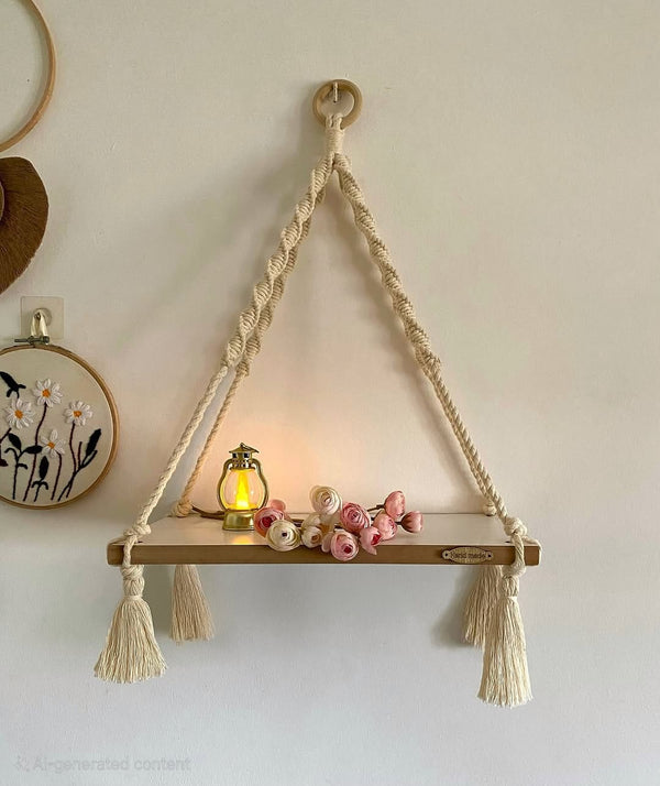 Handmade Macrame Wooden Shelf – Boho Wall Hanging Shelf