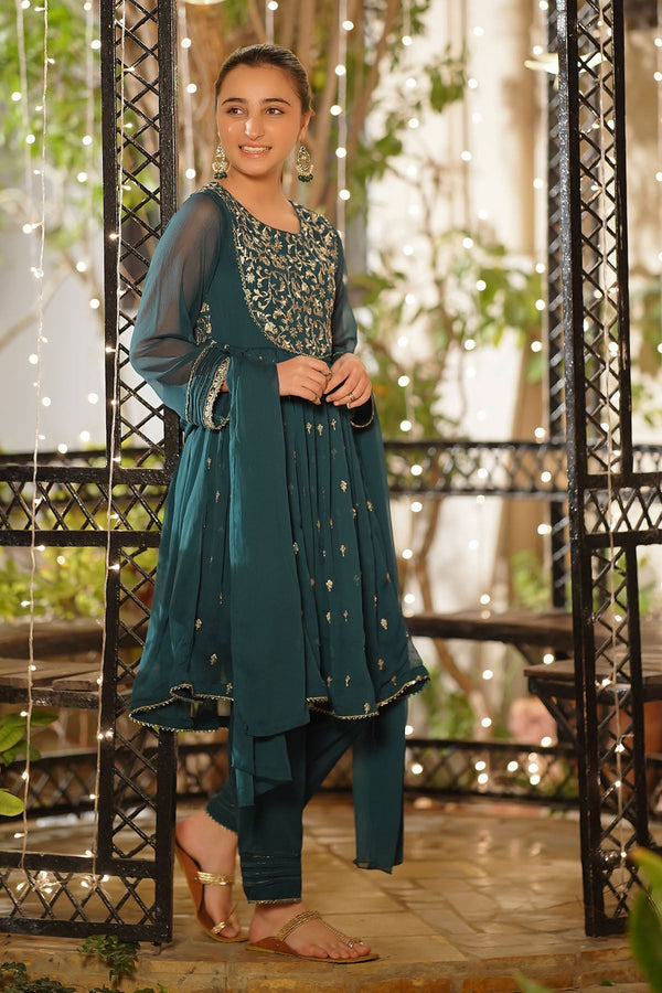 Ochre Clothing Girls Full Suits Chiffon Embroidered 3 Pc Suit