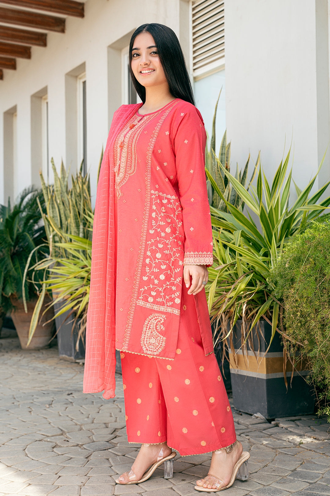 EMBROIDERED SHIRT AND PLAZZO TABEL PRINT 3 PCS SUIT SKU : T-SFC-028