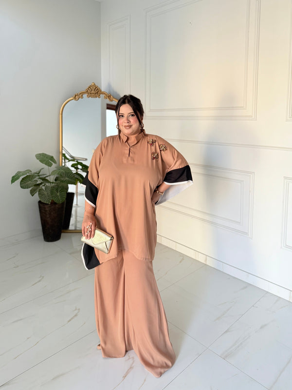 Manahils Stitched Camel Brown Drape Set
