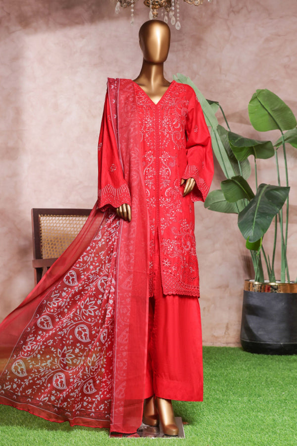 Bin Saeed Stitched 3 Piece Luxe Self & Self Collection'2025-NSM-2225-Red