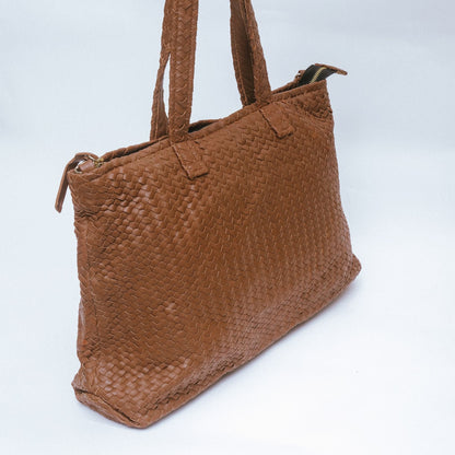 Handmade Woven Original Leather Bag With Zipper-Tan Brown