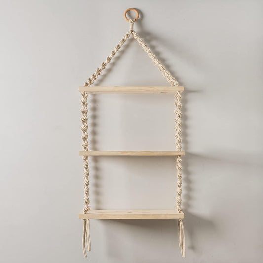 3-Tier Macrame Floating Wall Shelf Hanging Wooden Shelves