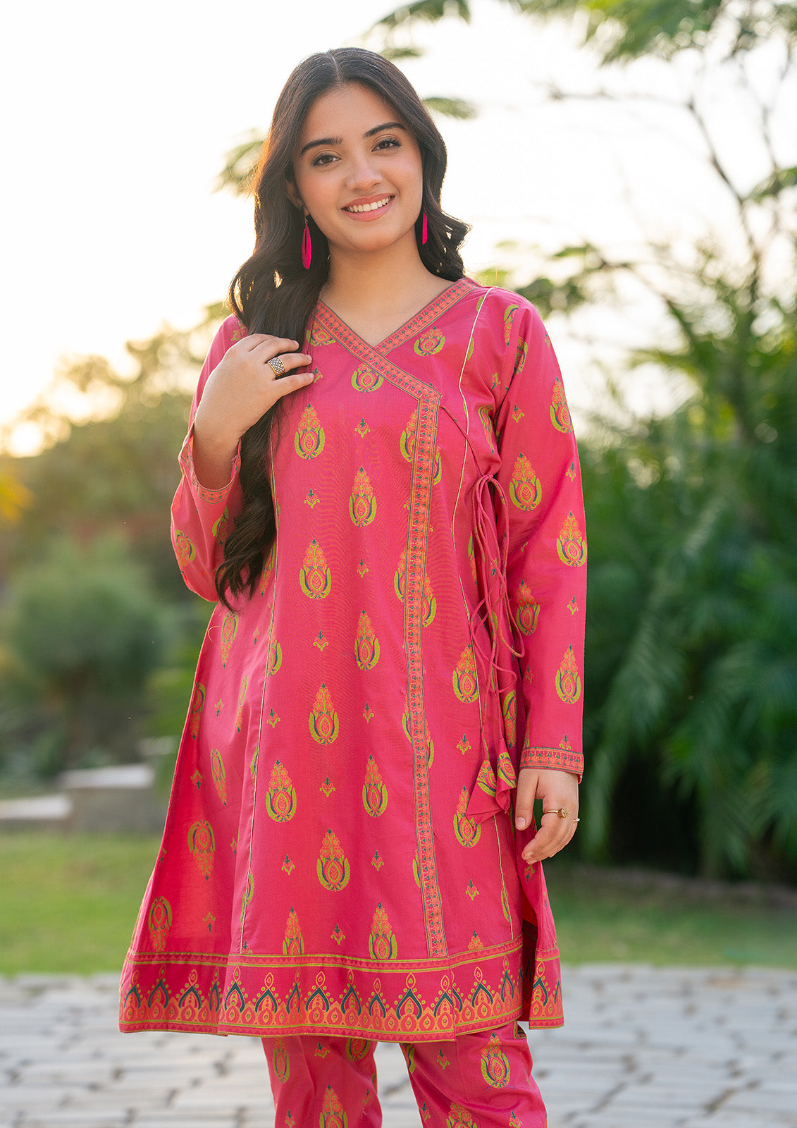 T-ALPRTW-060, 2 Pcs Suit, dyeover gold Print Angrakha And Trouser