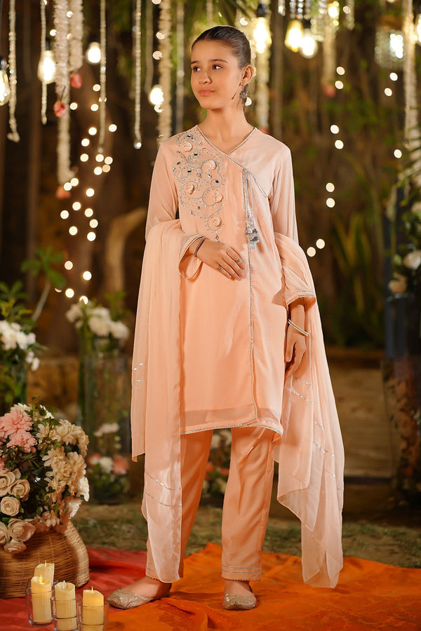 Ochre Clothing Girls Full Suits Chiffon Hand Adda Work 3 Pc Suit